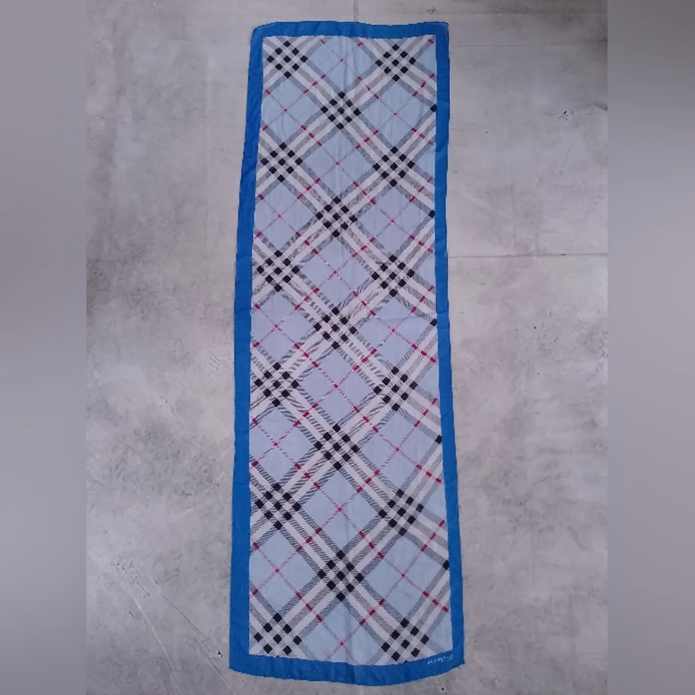Vintage Burberry Check Handkerchief Scarf Blue Border 60x20 Classic Designer - Picture 10 of 10